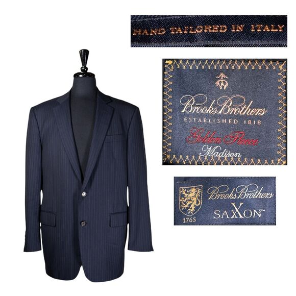 Brooks Brothers Saxxon Mens Blazer Blue Striped Suit Jacket Sport Coat Italy 42L